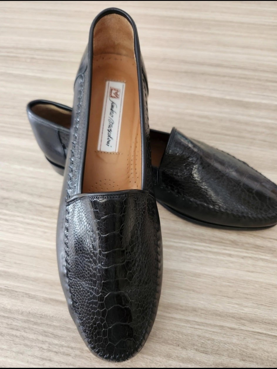 Luxury Sandro Moscoloni Black Ostrich Leather Slip-On Loafers Made In Spain 9.5